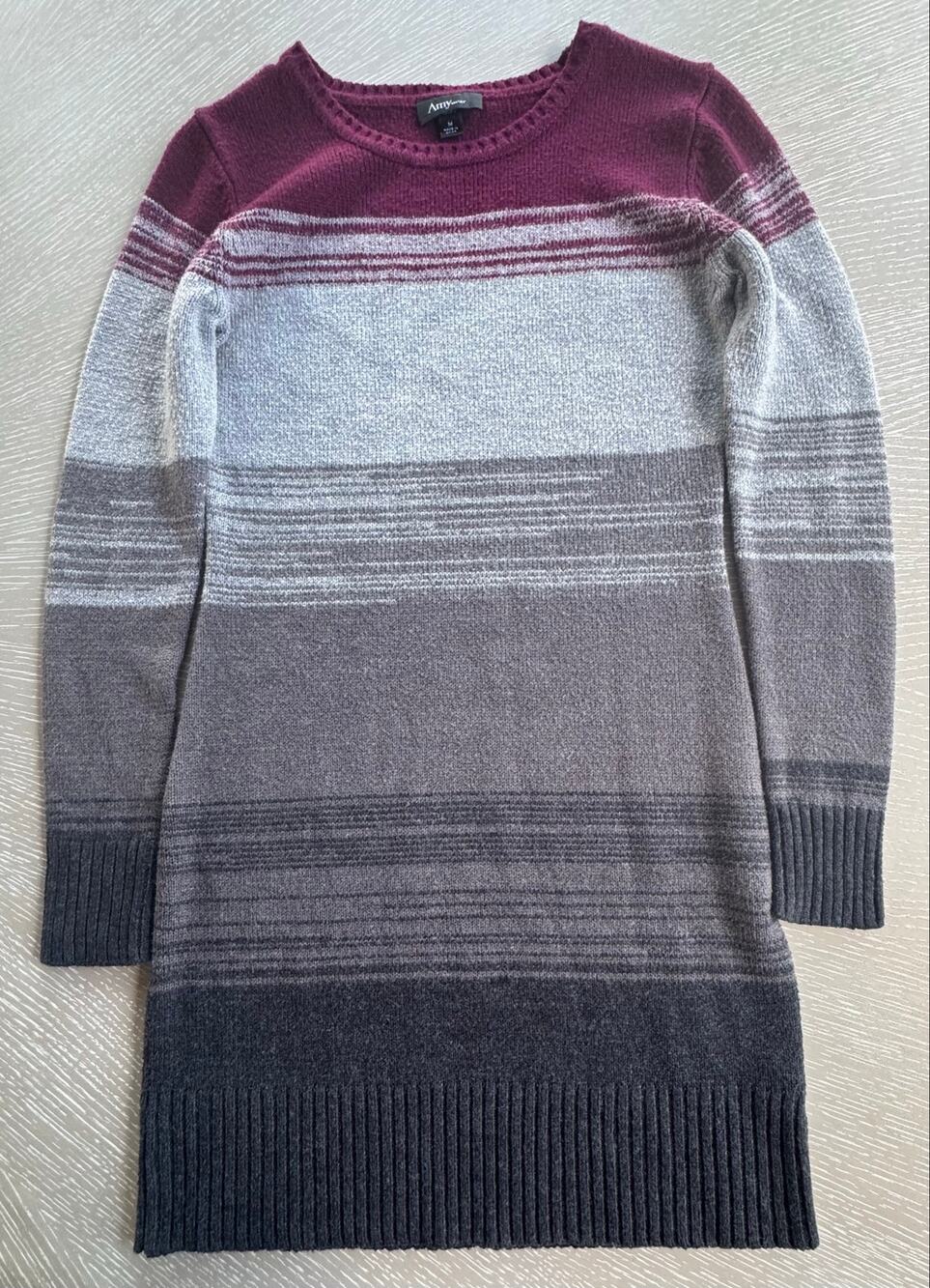 Amywear Long Sleeve Striped Sweater Dress (Burgundy & Grey Gradient) - Size M